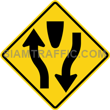 2-48 Sign Warning “Divided Highway” – The way ahead is a divided highway with two directions traffic are separated by a central barrier or strip of land. Drivers of vehicles are advised to keep left and be careful. 