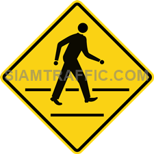 2-56 Work Signs “Pedestrian Crossing” – Pedestrian crossing or community area with people crossing the road on a regular basis, is coming up ahead. Drivers of vehicles must drive slowly and be careful of pedestrians. If there is a pedestrian waiting to cross the road, drivers must wait for the pedestrian to cross first. 