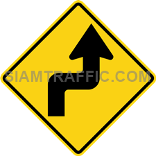 2-8 Warning Sign “Right Reverse Turns” – The way ahead curves sharply to the right, and then curves back to the left. Drivers should slow down the vehicle, and drive on the left of the road with caution.
