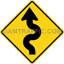 2-9 Warning Sign “Left Winding Road” – The way ahead is a zig zag road starting on the left. Drivers should slow down the vehicle, and drive on the left of the road with caution.